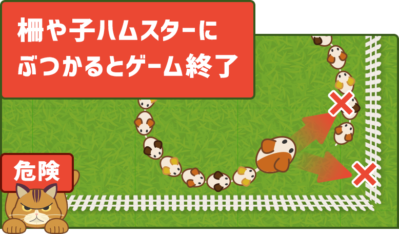 柵や子ハムスターにぶつかるとゲーム終了